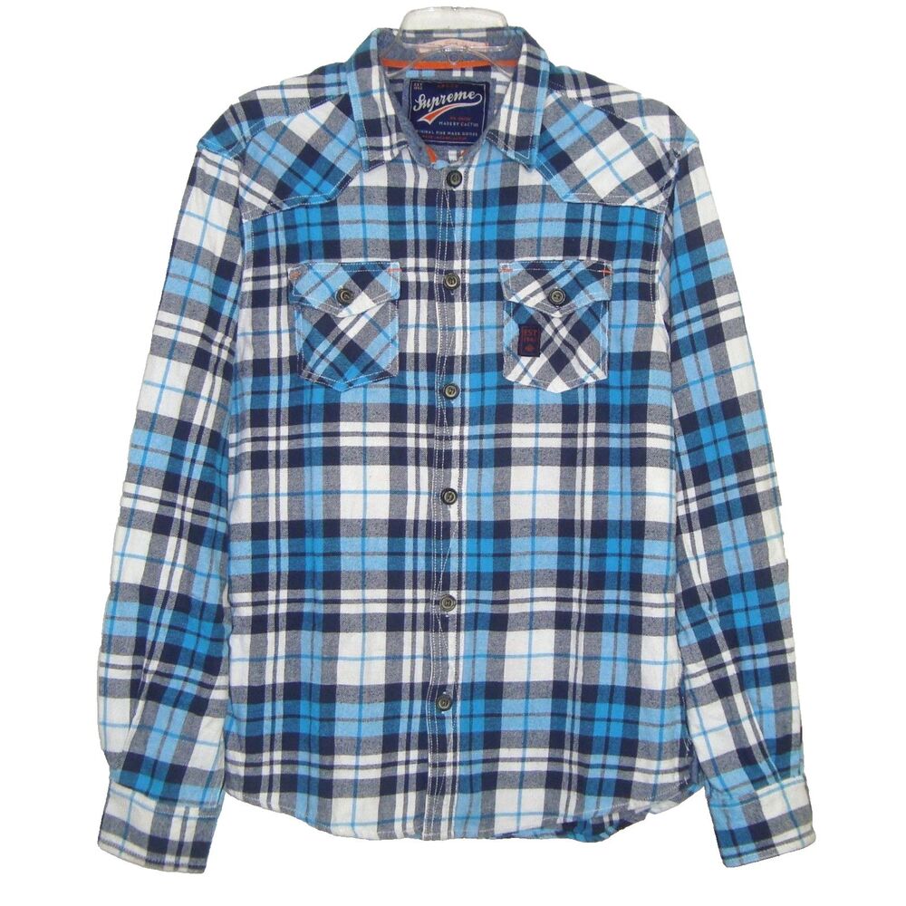 SUPREME Mens Blue White Navy Flannel Plaid Long Sleeve Shirt Size L
